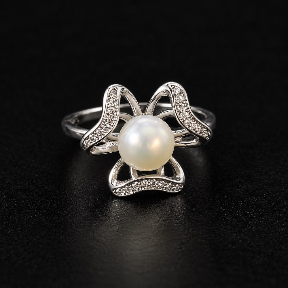 S925 Sterling Silver Pearl Floral Cocktail Ring Pave CZ Accents Size 9